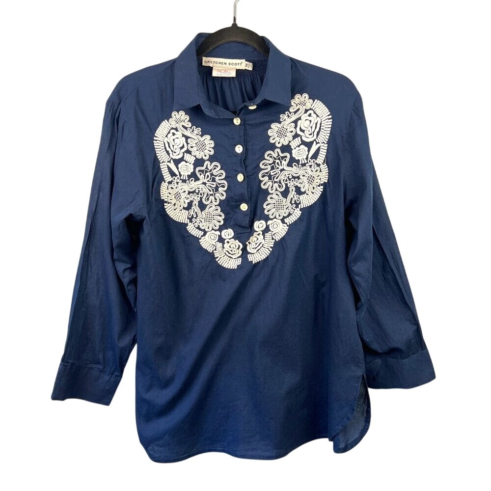 Gretchen Scott Acapulco Navy Cotton Tunic Embroidered‎ Size M Resortwear Cruise